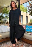Tasha Damask Cap Sleeve Button Top Black
